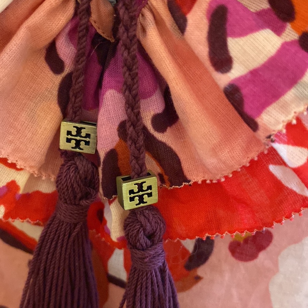 Tory Burch Cotton Voile Tunic Pink Orange Floral Drawstring Ruffle Collar Size 4 - Picture 2 of 16